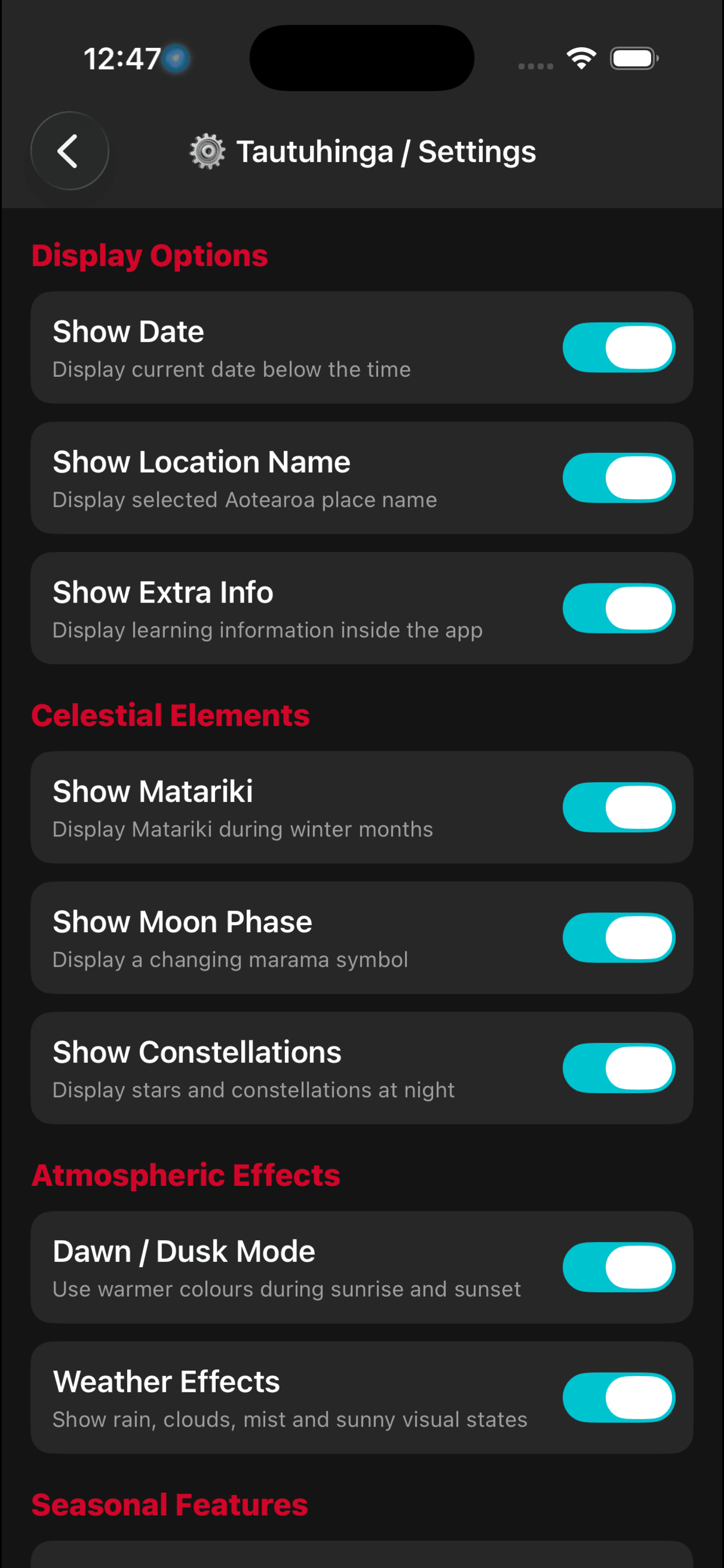 Full Settings screen showing customisation options