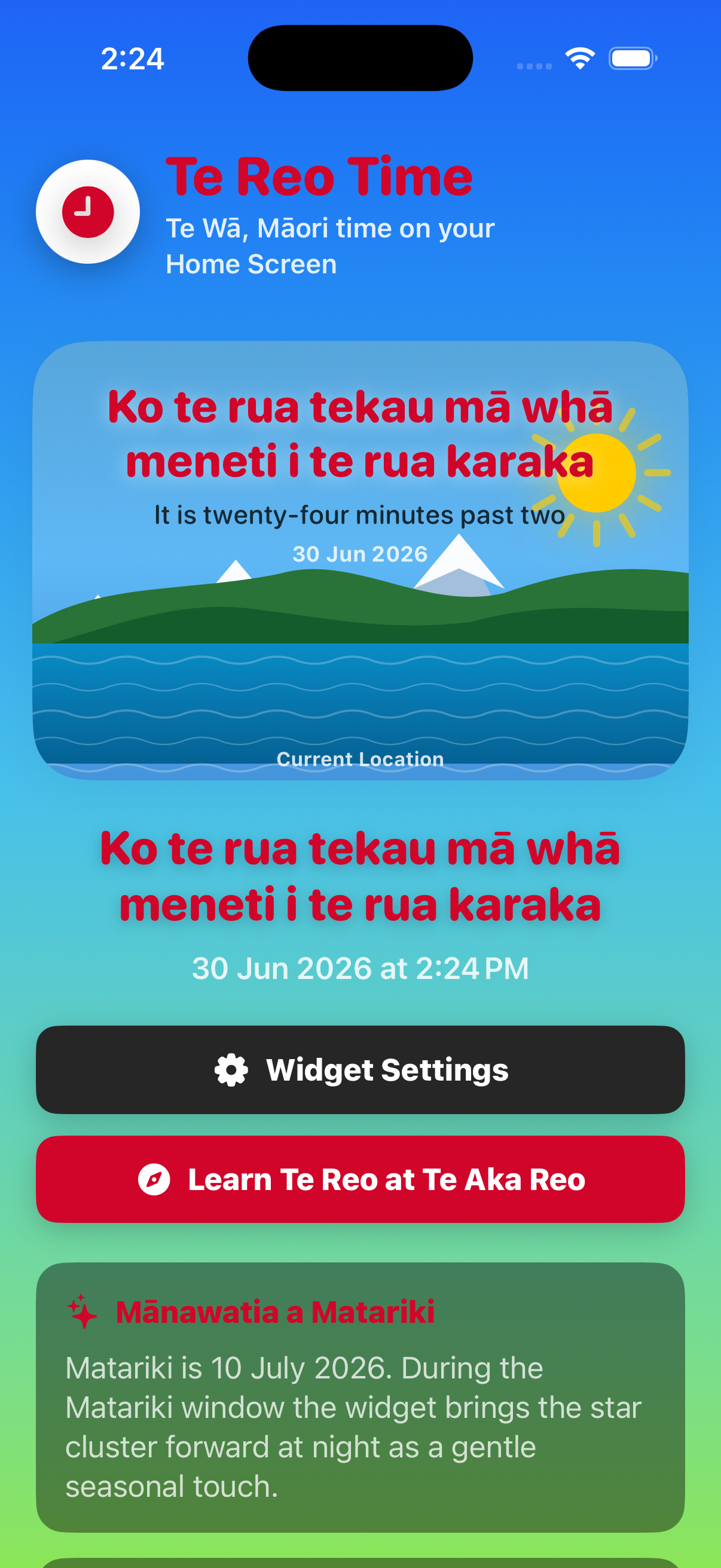Te Reo Time app open on iPhone showing the full widget preview, te reo phrase, translation and Matariki info card